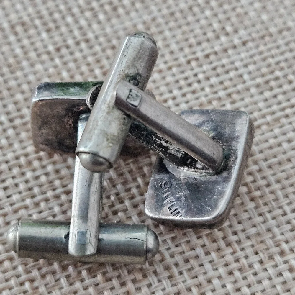 Carved Stone/Shell Top Cufflinks‎ Vintage Sterling Silver
